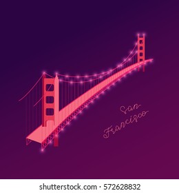 Colored San Francisco Golden Gate Bridge.Bridge on a dark background and light and handwritten lettering