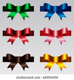 colored satin bows. vector, pastel, shiny on the gradient background