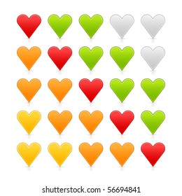 Colored satin heart ratings web button. Shapes with shadow and reflection on white background