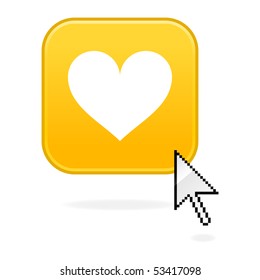Colored satined yellow web buttons with heart sign. Rounded square shape with computer cursor. White background
