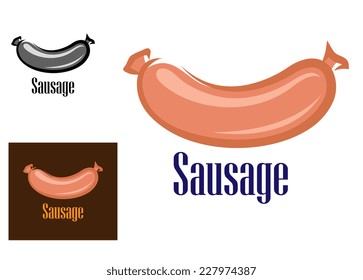 Colored sausage cartoon icon or logo with a delicious big fat spicy sausage with text Sausage below in three variations