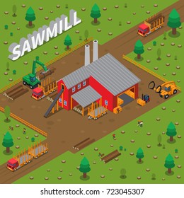 Colored sawmill timber mill lumberjack isometric composition with construction of building in a sawmill vector illustration