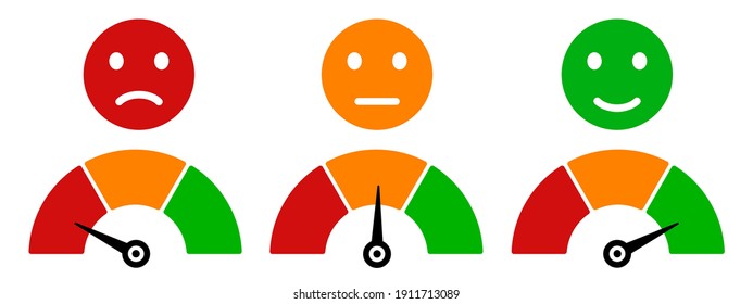 Colored scale speed, emoji faces icons, valuation by emoticons, measuring device tachometer speedometer indicator with different colors, satisfaction barometer - vector