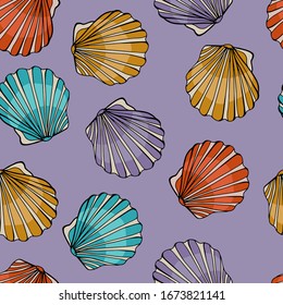 Colored Scallops on a mauve background. Seamless pattern of shells. Cartoon style illustration.
