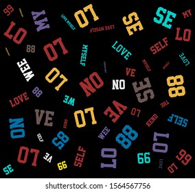 Colored Scattered word groups on Black background.T-shirt print design. Perfect for posters, mugs, dress, cards and more!