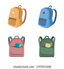 Colored school backpack. Back to school. Education and study back to school, schoolbag luggage, rucksack vector illustration. Kids school bag with education equipment. Backpacks with study supplies.