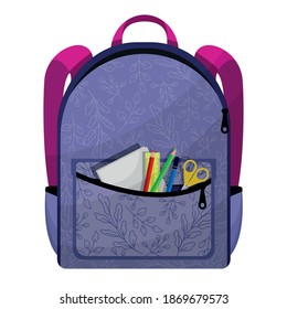 Colored school backpack. Education, schoolbag luggage, rucksack. Kids school bag backpack with education equipment. 