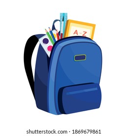 Colored school backpack. Education, schoolbag luggage, rucksack. Kids school bag backpack with education equipment. 