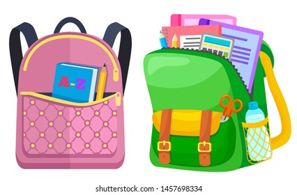 Colored school backpack. Education and study back to school, schoolbag luggage, rucksack vector illustration. Kids school bag with education equipment. Backpacks with study supplies. Student satchels