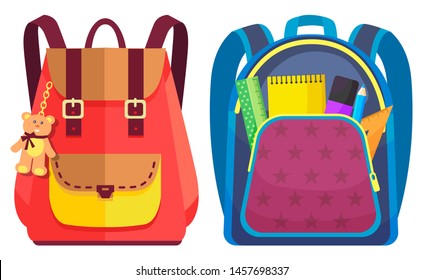 Colored school backpack. Education and study back to school, schoolbag luggage, rucksack vector illustration. Kids school bag with education equipment. Backpacks with study supplies. Student satchels