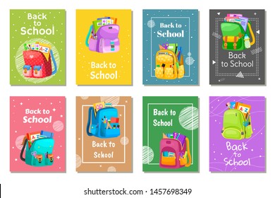 Colored school backpack. Education and study back to school, schoolbag luggage, rucksack vector illustration. Kids school bag with education equipment. Backpacks with study supplies. Student satchels