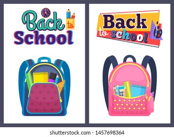 Colored school backpack. Education and study back to school, schoolbag luggage, rucksack vector illustration. Kids school bag with education equipment. Backpacks with study supplies. Student satchels