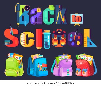 Colored school backpack. Education and study back to school, schoolbag luggage, rucksack vector illustration. Kids school bag with education equipment. Backpacks with study supplies. Student satchels