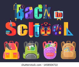 Colored school backpack. Education and study back to school, schoolbag luggage, rucksack vector illustration. Kids school bag with education equipment. Backpacks with study supplies. Student satchels