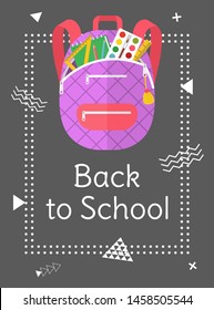 Colored school backpack. Education and study back to school, schoolbag luggage, rucksack vector illustration. Kids school bag with education equipment. Backpacks with study supplies. Student satchels