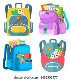 Colored school backpack. Education and study back to school, schoolbag luggage, rucksack vector illustration. Kids school bag with education equipment. Backpacks with study supplies. Student satchels