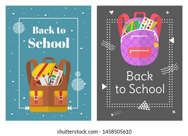 Colored school backpack. Education and study back to school, schoolbag luggage, rucksack vector illustration. Kids school bag with education equipment. Backpacks with study supplies. Student satchels