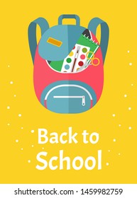 Colored school backpack. Education and study back to school, schoolbag luggage, rucksack vector illustration. Kids school bag with education equipment. Backpacks with study supplies. Student satchels