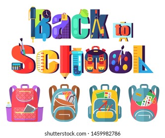 Colored school backpack. Education and study back to school, schoolbag luggage, rucksack vector illustration. Kids school bag with education equipment. Backpacks with study supplies. Student satchels