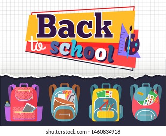 Colored school backpack. Education and study back to school, schoolbag luggage, rucksack vector illustration. Kids school bag with education equipment. Backpacks with study supplies. Student satchels