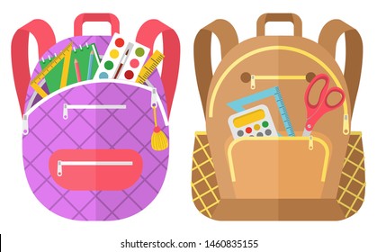 Colored school backpack. Education and study back to school, schoolbag luggage, rucksack vector illustration. Kids school bag with education equipment. Backpacks with study supplies. Student satchels