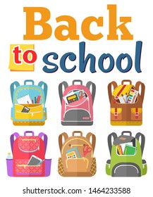 Colored school backpack. Education and study back to school, schoolbag luggage, rucksack vector illustration. Kids school bag with education equipment. Backpacks with study supplies. Student satchels
