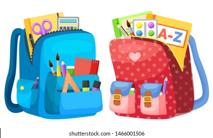 Colored school backpack. Education and study back to school, schoolbag luggage, rucksack vector illustration. Kids school bag with education equipment. Backpacks with study supplies. Student satchels