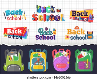 Colored school backpack. Education and study back to school, schoolbag luggage, rucksack vector illustration. Kids school bag with education equipment. Backpacks with study supplies. Student satchels