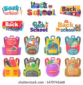 Colored school backpack. Education and study back to school, schoolbag luggage, rucksack vector illustration. Kids school bag with education equipment. Backpacks with study supplies. Student satchels