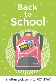 Colored school backpack. Education and study back to school, schoolbag luggage, rucksack vector illustration. Kids school bag with education equipment. Backpacks with study supplies. Student satchels