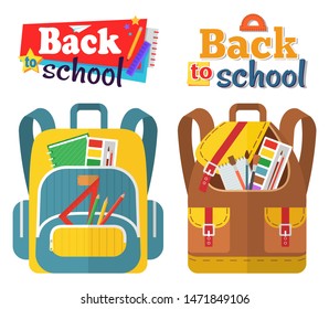 Colored school backpack. Education and study back to school, schoolbag luggage, rucksack vector illustration. Kids school bag with education equipment. Backpacks with study supplies. Student satchels