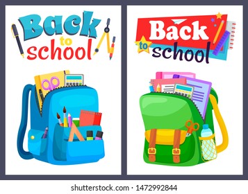 Colored school backpack. Education and study back to school, schoolbag luggage, rucksack vector illustration. Kids school bag with education equipment. Backpacks with study supplies. Student satchels