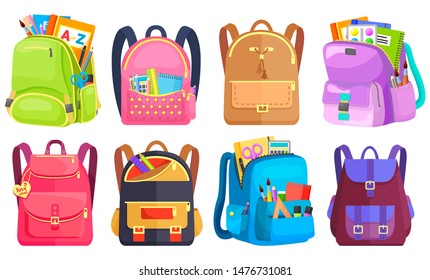 Colored school backpack. Education and study back to school, schoolbag luggage, rucksack vector illustration. Kids school bag with education equipment. Backpacks with study supplies. Student satchels