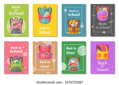 Colored school backpack. Education and study back to school, schoolbag luggage, rucksack vector illustration. Kids school bag with education equipment. Backpacks with study supplies. Student satchels