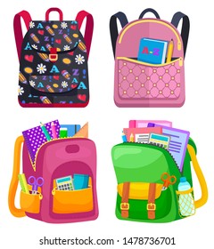 Colored school backpack. Education and study back to school, schoolbag luggage, rucksack vector illustration. Kids school bag with education equipment. Backpacks with study supplies. Student satchels