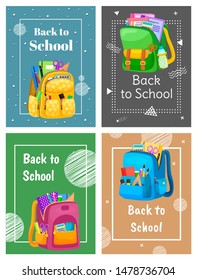 Colored school backpack. Education and study back to school, schoolbag luggage, rucksack vector illustration. Kids school bag with education equipment. Backpacks with study supplies. Student satchels