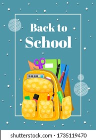 Colored school backpack. Education and study back to school, schoolbag luggage, rucksack vector illustration. Kids school bag with education equipment. Backpacks with study supplies. Student satchels