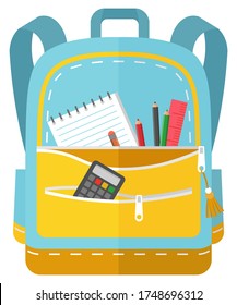 Colored school backpack. Education and study back to school, schoolbag luggage, rucksack vector illustration. Kids school bag with education equipment. Backpacks with study supplies. Student satchels