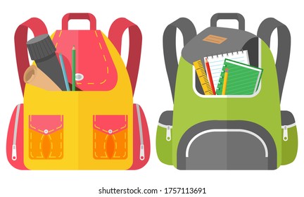 Colored school backpack. Education and study back to school, schoolbag luggage, rucksack vector illustration. Kids school bag with education equipment. Backpacks with study supplies. Student satchels