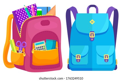 Colored school backpack. Education and study back to school, schoolbag luggage, rucksack vector illustration. Kids school bag with education equipment. Backpacks with study supplies. Student satchels