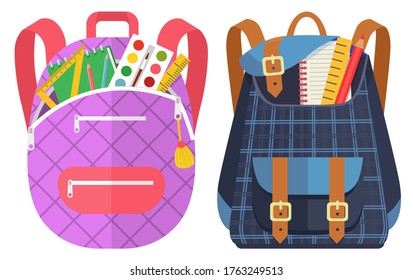 Colored school backpack. Education and study back to school, schoolbag luggage, rucksack vector illustration. Kids school bag with education equipment. Backpacks with study supplies. Student satchels