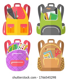Colored school backpack. Education and study back to school, schoolbag luggage, rucksack vector illustration. Kids school bag with education equipment. Backpacks with study supplies. Student satchels