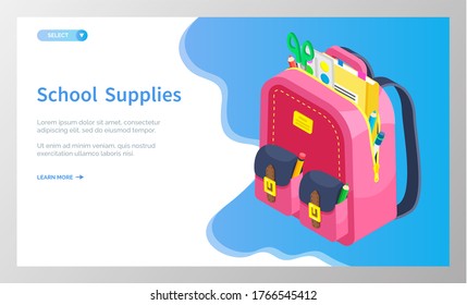 Colored school backpack. Education and study back to school, schoolbag luggage, rucksack vector illustration. Kids school bag with education equipment. Backpacks with study supplies. Student satchels