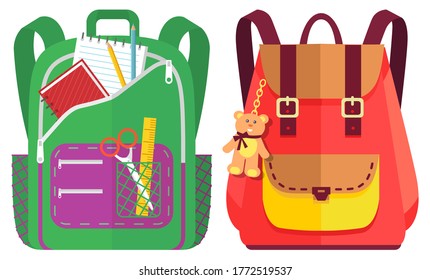 Colored school backpack. Education and study back to school, schoolbag luggage, rucksack vector illustration. Kids school bag with education equipment. Backpacks with study supplies. Student satchels