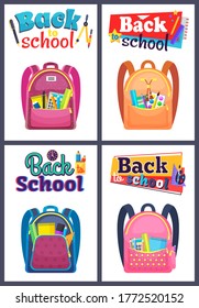 Colored school backpack. Education and study back to school, schoolbag luggage, rucksack vector illustration. Kids school bag with education equipment. Backpacks with study supplies. Student satchels