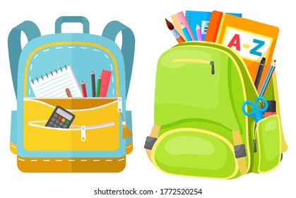 Colored school backpack. Education and study back to school, schoolbag luggage, rucksack vector illustration. Kids school bag with education equipment. Backpacks with study supplies. Student satchels