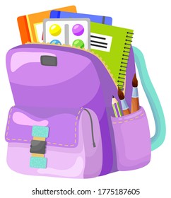 Mochila de colegio de colores. Educación y estudio de vuelta a la escuela, equipaje de bolso de escuela, mochila de ilustración vectorial. Bolso escolar para niños con equipo educativo. Mochilas con material de estudio. Estanques de estudiantes