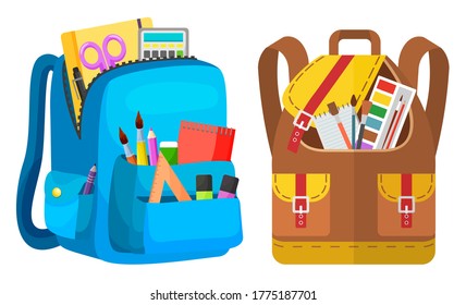 Colored school backpack. Education and study back to school, schoolbag luggage, rucksack vector illustration. Kids school bag with education equipment. Backpacks with study supplies. Student satchels