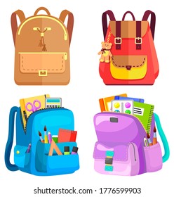 Colored school backpack. Education and study back to school, schoolbag luggage, rucksack vector illustration. Kids school bag with education equipment. Backpacks with study supplies. Student satchels