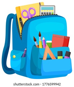 Colored school backpack. Education and study back to school, schoolbag luggage, rucksack vector illustration. Kids school bag with education equipment. Backpacks with study supplies. Student satchels